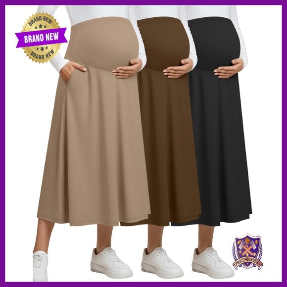 Maternity Maxi Skirts 3 Pack High Waisted Over Belly Pockets Ankle Length